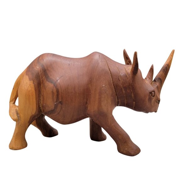 Carved Teak Wood Rhino Figurine African Wildlife Sculpture - Picture 3 of 7